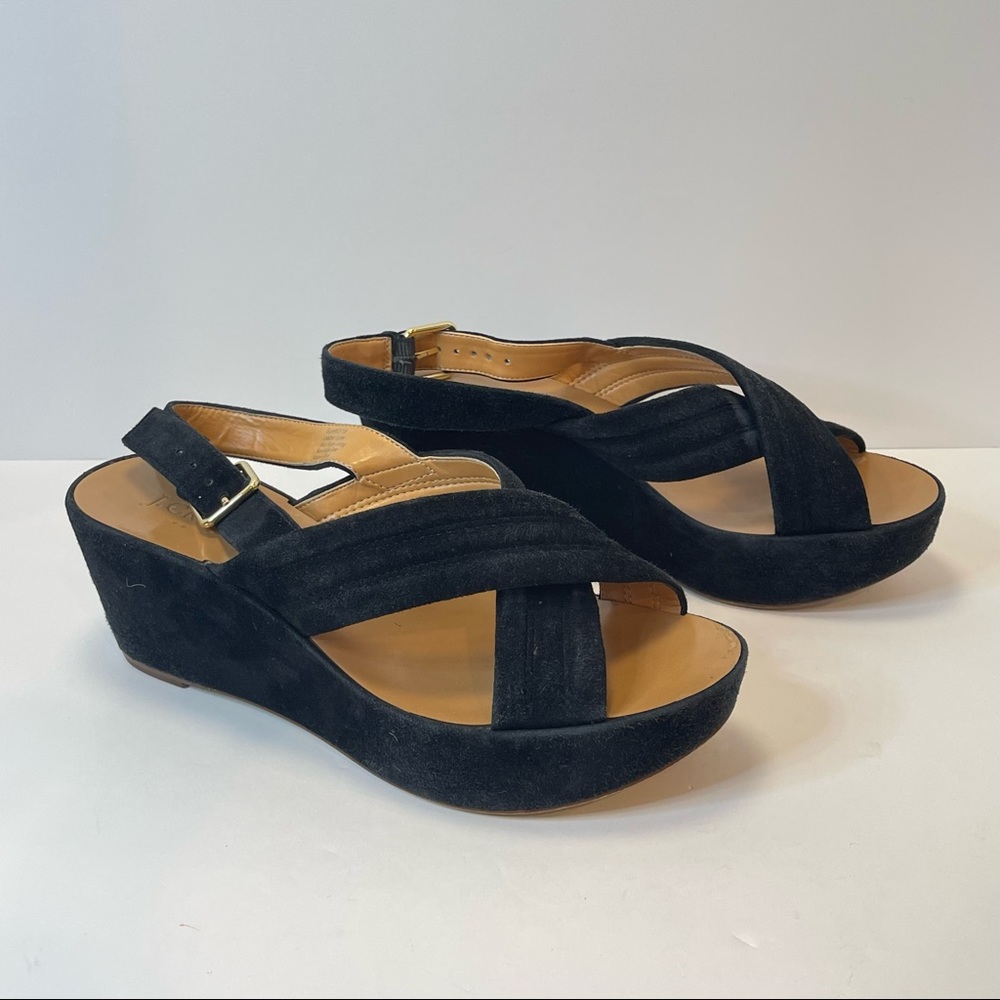 J Crew Marcie Womens Platform Wedges Leather Black Suede Open Toe Sandal Size 7